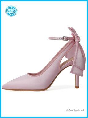 Satin Slingback Pumps 3.54 Inch Heel Ankle Strap Buckle Bow Women's Heels